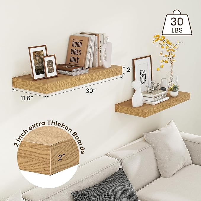 12 Inch Deep Floating Shelves | 30W x 12D Rustic Floating Shelves for Wall Set of 2 | Oak Shelves for Living Room Bathroom Laundry Room Bedroom Kitchen Home Office - Oak-CasaMuseHome