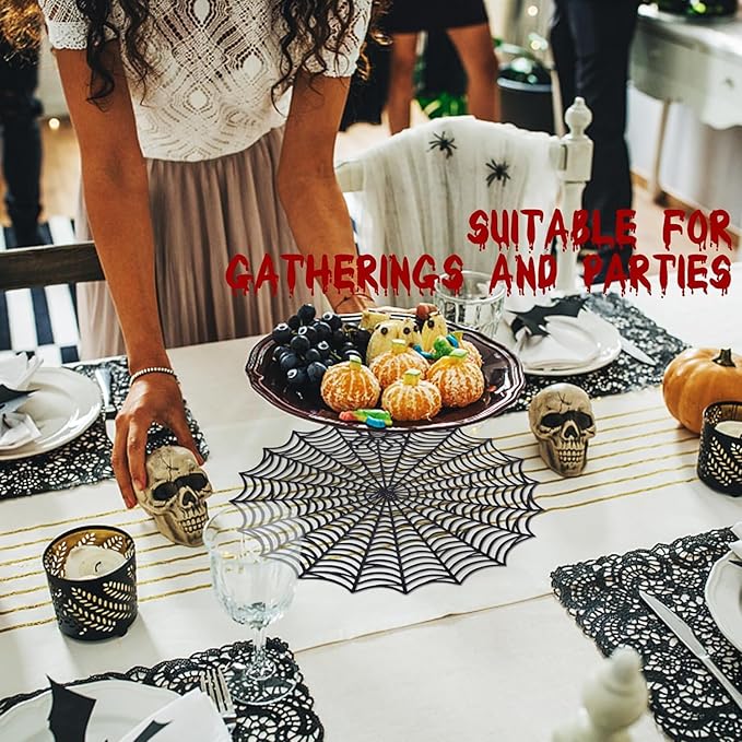 8 Pcs Spider Web Placemats - 15" Heat Insulation Table Mats - Hollow Out Spiderweb Coasters for Dining Table Halloween Decoration (Black)-CasaMuseHome