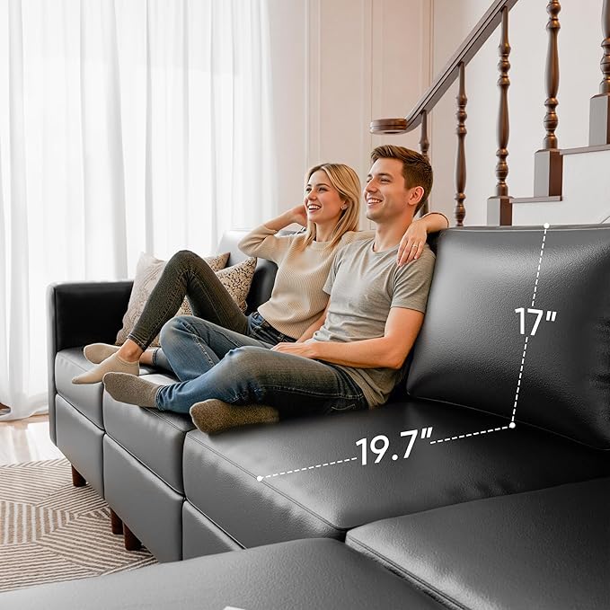 ABCASA 118.5" Faux Leather Modular Sectional Convertible Sofa, L Shaped Couch Set for Living Room, Large 8-Seater Comfy Cloud Couches with Movable Storage Ottoman DIY Combination - Black-CasaMuseHome