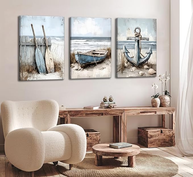 3Pcs Coastal Beach Canvas Wall Art Sailboat Paddle And Anchor Paintings Pictures Wall Decor Nautical Posters Prints Artwork Suitable for Living Room Bedroom Home Office Corridor Home Decroation-CasaMuseHome