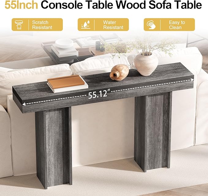 55Inch Farmhouse Console Table,Wooden Rectangular Sofa Table Behind The Couch,Entryway Console Table with Storage for Living Room, Hallway,Entrance (Grey)-CasaMuseHome
