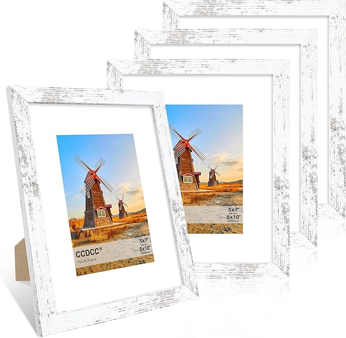 8x10 Picture Frame Set of 4, 8 x 10 Wood Photo Frames with Mat for 5x7, Rustic Natural Wooden Frame with Real Glass Cover for Wall and Tabletop Display,Distressed White-CasaMuseHome
