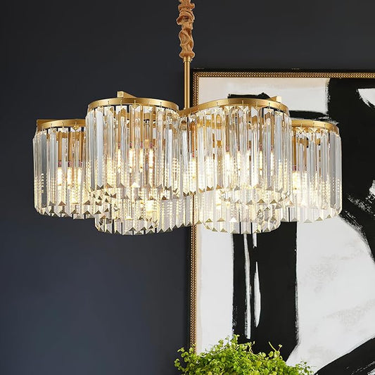 24.4“ Gold Semi Flush Mount Ceiling Light Fixtures, 6-Light Gold Modern Crystal Chandelier Height Adjustable Pendant Lighting for Bedroom Entryway Hallway Kitchen Island Living Room Foyer-CasaMuseHome
