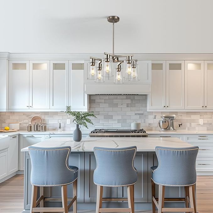 6-Light Farmhouse Brushed Nickel Chandelier,Modern Chandeliers for Dining Room Light Fixture Over Table,Adjustable Hanging Industrial Rustic Pendant Lights Kitchen Island Light with Clear Glass Shade-CasaMuseHome