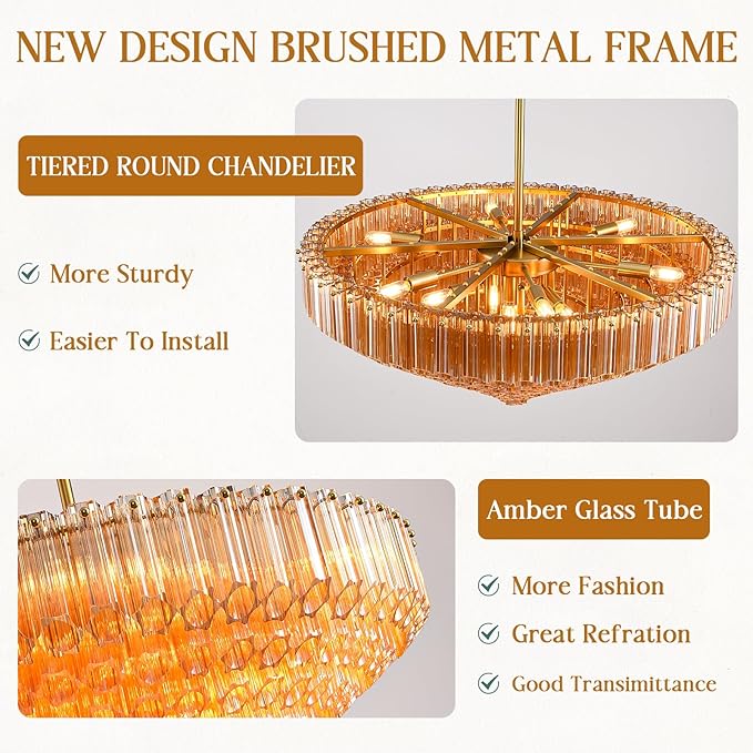 30" Modern Dining Room Chandeliers, 13-Light Amber Crystal Chandeliers, Dimmable Blown Glass Chandelier for Living Room, Round Glod Large Chandelier for High Ceiling, Bedroom, Entryway, Staircase-CasaMuseHome