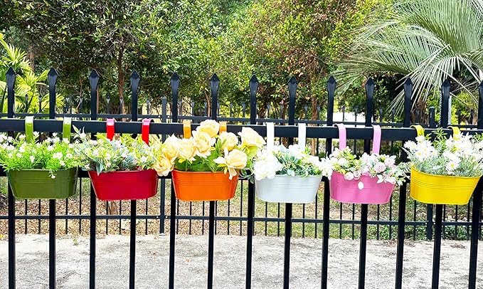 6 Pcs Railing Planter, 10" Metal Hanging Flower Pots for Outdoor Balcony Rails, Fence Pot Hanging Plant Holders with Detachable Hooks for Garden Patio Yard Decor (Multi-Color, 6Pcs)-CasaMuseHome