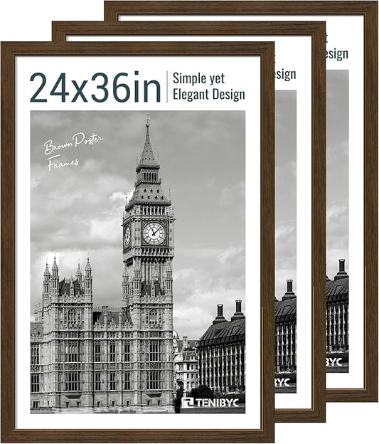 24x36 Poster Frame 3 Pack - Brown Woodgrain, Wood Picture Frame, Wall Gallery Frame - Wall Hanging-CasaMuseHome