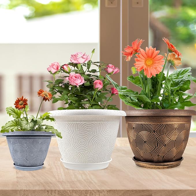 10 Inch Flower Pots Planters for Indoor Outdoor Plants, 3 Pack Plastic Large Plant Pots with Drainage Hole & Tray, Modern Decorative Garden Pot with Saucer, Plant Container for House-CasaMuseHome