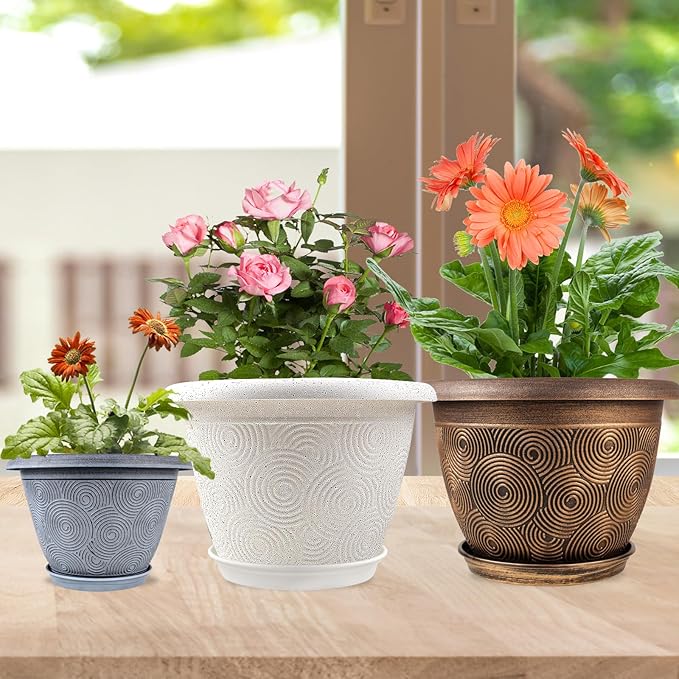 16 Inch Large Planter Pot for Plants Indoor Outdoor, 4 Pack Plastic Flower Pots with Drainage Hole & Tray, Modern Decorative Garden Pot with Saucer, Plant Container for House-CasaMuseHome