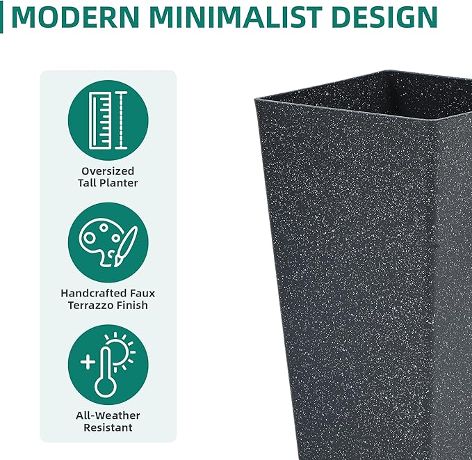 28" Large Tall Square Planters for Outdoor Plants, Set of 2 V-Shaped Planter Box with Black Terrazzo Look, Durable and Weather Resistant, Ideal or Garden, Patio, Porch or Home use.-CasaMuseHome