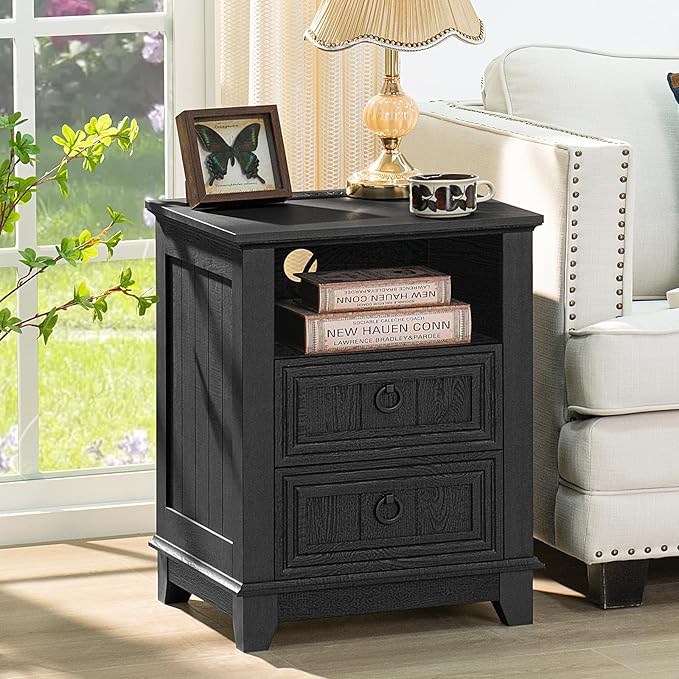 18" Farmhouse Night Stand with Charging Station, 2 Drawers End Table Dresser for Bedroom, Black Wooden Nightstand, Bed Side Table with Open Shelf, Bedside Cabinet for Living Room, Closet-CasaMuseHome