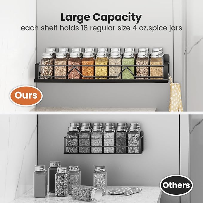 16.9 Inch Wide Large Capacity Magnetic Spice Rack for Refrigerator, 4 Pack Metal Fridge Shelf, Black-CasaMuseHome