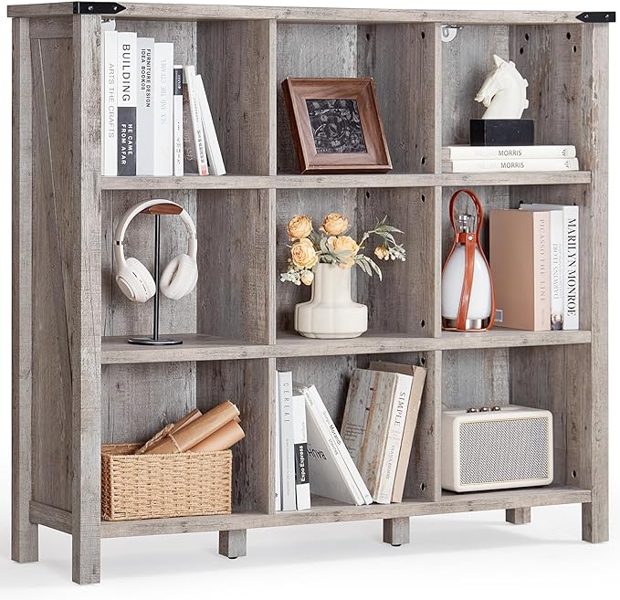 9 Cube Bookcase, Farmhouse 47 Inch Wide Grey Oak Bookshelf, Wooden 3 Tier Display Large Open Book Shelf, Vintage Horizontal Book Case for Home Office, Cubby Storage Cabinet for Living Room-CasaMuseHome