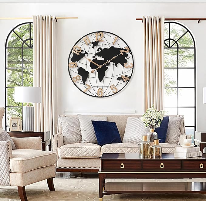 20 Inch Large Wall Clock for Living Room Decor,Big Modern Decorative Silent Metal World Map Wall Clock with Vintage Gold Arabic Numeral for Office,Living Room,Kitchen,Dining Room-CasaMuseHome