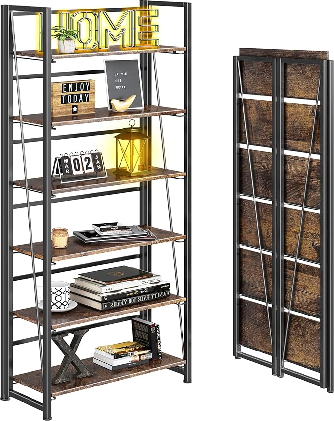 4NM No Assembly Foldable Bookshelf, 6-Shelf Collapsible Bookcase Storage for Small Spaces, 74" H, Rustic Brown and Black-CasaMuseHome