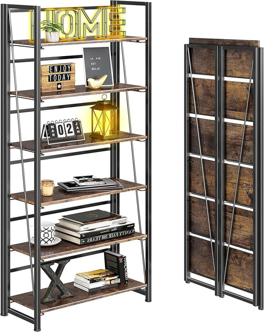 4NM No Assembly Foldable Bookshelf, 6-Shelf Collapsible Bookcase Storage for Small Spaces, 74" H, Rustic Brown and Black-CasaMuseHome