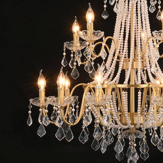 40" Large Brass Crystal Chandeliers,Gold Brushed Brass Chandelier for High Ceiling Living Room Dining Room Staircase Hallway Entryway Foyer(15-Light, Bulb Included)-CasaMuseHome