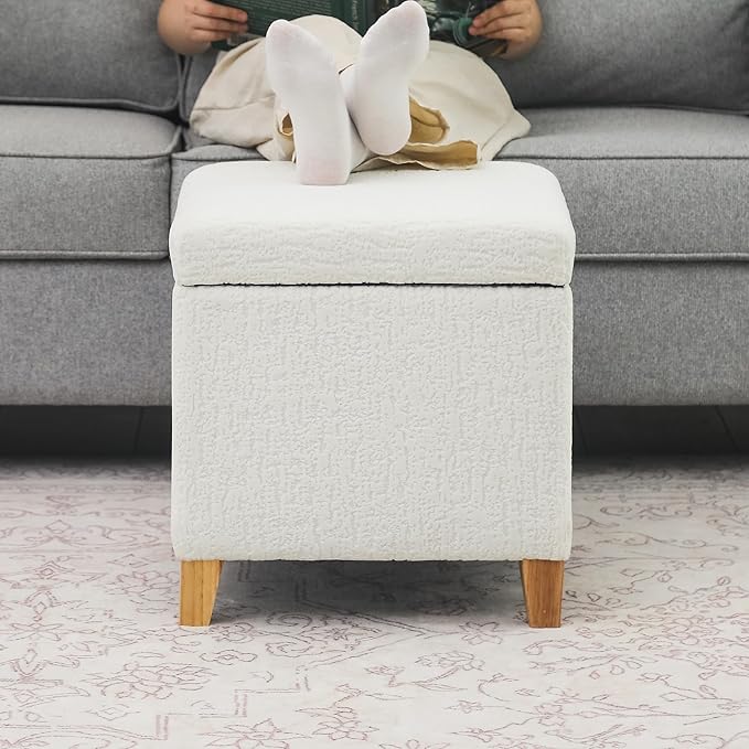 Adeco 18 Inch High Faux Fur White Cube Ottoman Storage, 3D Embossed Velvet Chair Foot Stools, Upholstered Vanity Stool with Hinged Lid, Solid Wood Legs-CasaMuseHome