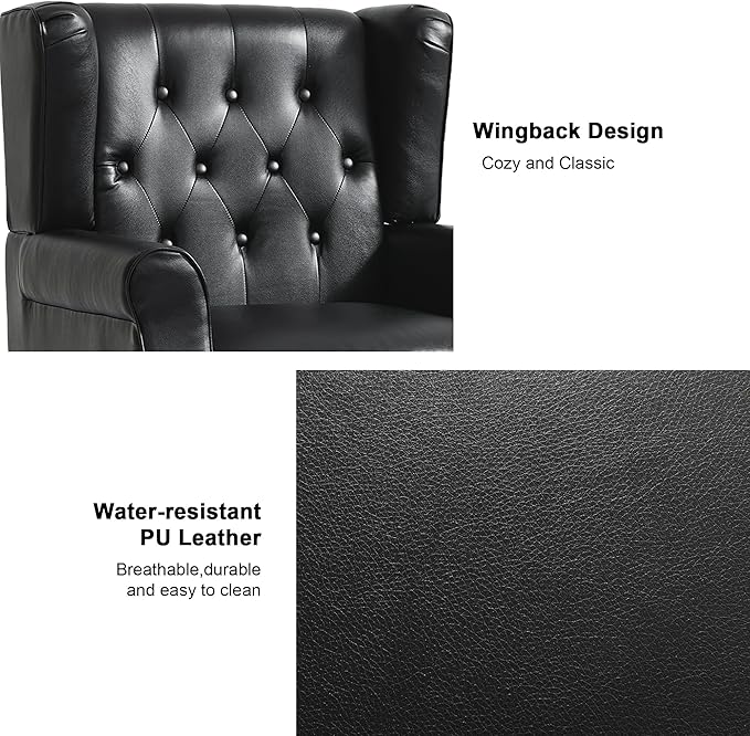 Accent Chair, Upholstered Armchair with Button Tufted High Back & Solid Wood Legs, Comfy Wingback Reading Single Sofa Chair for Small Spaces, Living Room, Bedroom (Leather Black, Set of 2)-CasaMuseHome