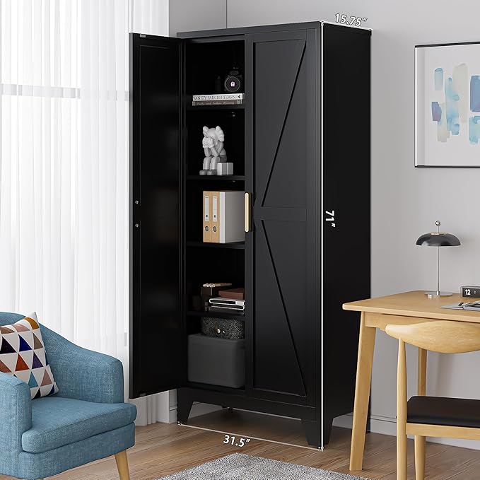 71'' Farmhouse Metal Storage Cabinet with Barn Doors,Steel File Cabinet for Home Office,Kitchen Pantry 4 Adjustable Shelves,Freestanding Cupboard for Kitchen,Home Office (Black)-CasaMuseHome