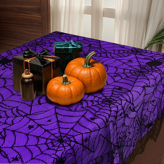 2Pcs Halloween Tablecloths, Black Lace & Purple Lined Rectangular Table Cloth, Spider Web Table Cover for Scary Halloween Decorations Indoor, 54 x 72 Inch-CasaMuseHome