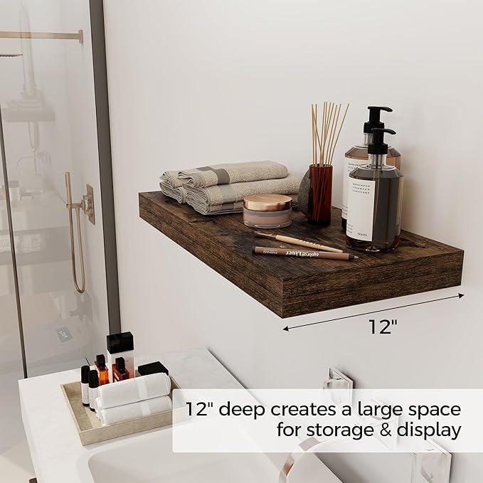 12 Inch Deep Floating Shelves, 24 x 12 Floating Shelf for Books, Rustic Wood Deep Wall Shelves for Home Storage & Display, 2" Thicked Shelves for Kitchen, Living Room, Bedroom, Rustic Brown, 2 Pack-CasaMuseHome