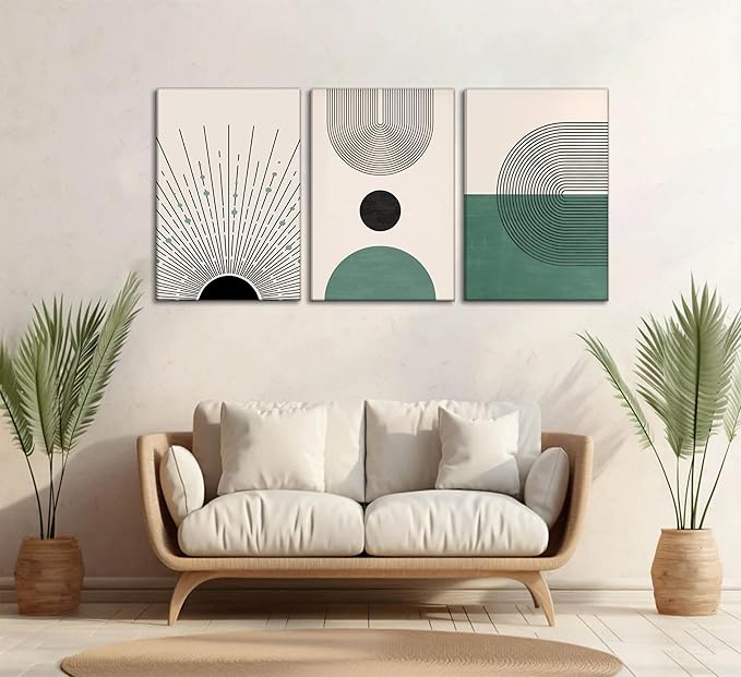 3 Pcs Sage Green Boho Canvas Wall Art Modern Abstract Minimalist Neutral Bohemian Sun Geometric Line Painting Picture Wall Decor Poster Print Artwork for Living Room Bedroom Home Decoration-CasaMuseHome