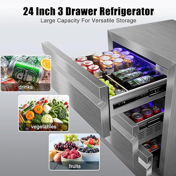 24 Inch Upgraded Three-Drawer Beverage Fridge, Weather Proof Outdoor Stainless Steel Beverage Refrigerator, Under Counter Built-in Beverage Cooler for Home & Commercial Use-CasaMuseHome