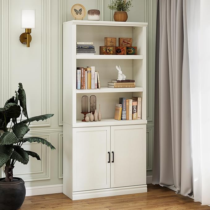 70 Inch Tall Bookcase with Doors, Library Office Bookshelf with Adjustable Shelves, Floor Standing Storage Cabinet for Bedroom Living Room Organizer with Anti Tipping Kit, Soft White Finish-CasaMuseHome