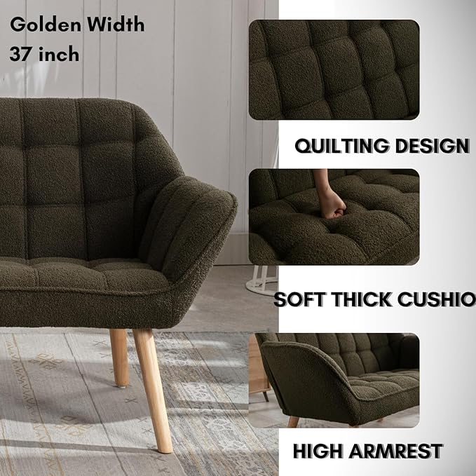 48”Small Loveseat Sofa, Modern Sherpa Upholstered Mini Couch 2-Seater Fluffy Love Seat with Quilting Backs and Wood Legs for Small Space, Living Room, Bedroom, Green-CasaMuseHome