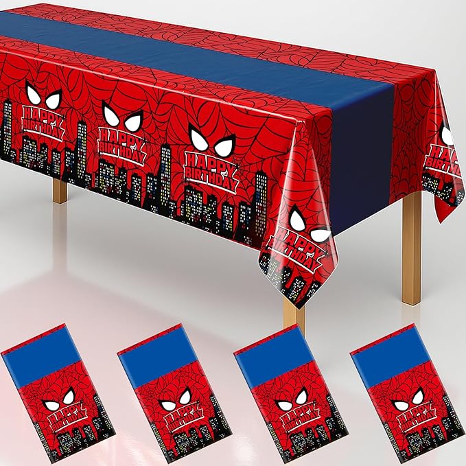4Pcs 2in1 Spider Birthday Decorations Tablecloths, 54" x 108" Super Hero Spider Table Cloth Disposable Rectangle Plastic Table Cover for Boys Birthday Party Supplies-CasaMuseHome