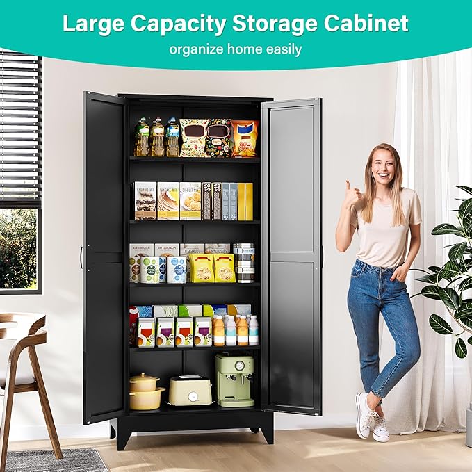 75" Tall Pantry Cabinet,Farmhouse Kitchen Pantry Storage Cabinets with 2 Doors and 5 Shelves,Black Metal Storage Cabinet,Large Cupboard for Home,Kitchen,Dining/Living Room-CasaMuseHome