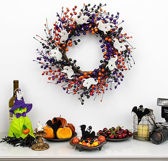 20-Inch Halloween Wreath - Handmade Orange & Black Berry Wreath with Adorable Mini Ghosts, Spooky Front Door Decor for Halloween Party-CasaMuseHome