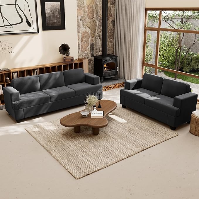 63” Corduroy Loveseat Sofa Couch for Living Room, Small Couch with Deep Seat for Bedroom, Comfy Could Loveseat for Small Living Room, Black Corduroy-CasaMuseHome