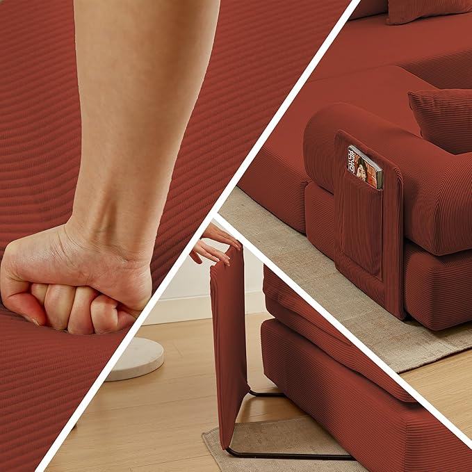107" Oversized Convertible Sleeper Sofa Bed, Corduroy L Shape Sectional Couch, Folding Sofa Bed with Side Pocket, Modern Cloud Floor Mattress Couch, Modular Sofa for Living Room, Red-CasaMuseHome