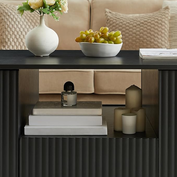 46.5" Oval Coffee Table with Drawers and Storage Mid Century Modern Fluted Solid Wood Side Coffee Tables, Luxury Tea Table Center Table for Living Rooms Offices Apartmen, Black-CasaMuseHome