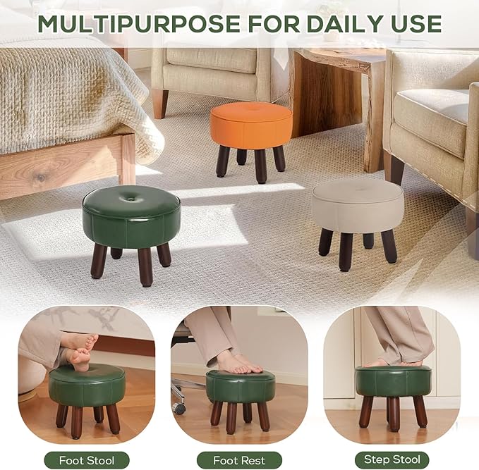 13in Small Foot Stool Ottoman, Round Faux Leather Foot Rest for Couch, Under Desk Pouf Footstool Footrest with Non-Skid Rubber Legs for Ling Room, Bedroom, 13''L x 13''W x 10.2''H, Green-CasaMuseHome