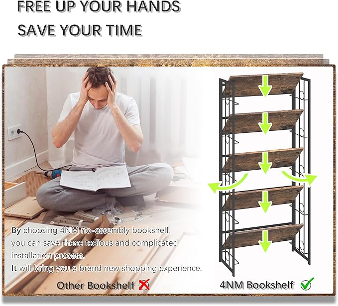 4NM No Assembly 5 Tiers Folding Bookshelf, 59.4" H Foldable Storage Shelves Vintage Bookcase Standing Racks Study Organizer Home Office - Rustic Brown Black-CasaMuseHome