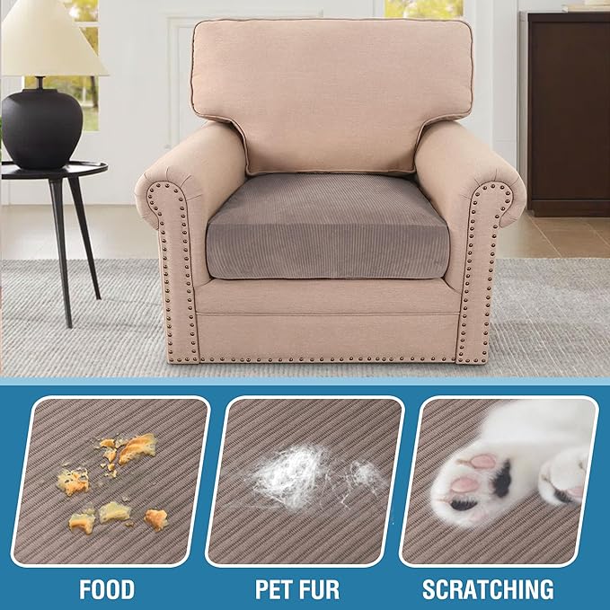 H.VERSAILTEX Velvet Stretch Couch Cushion Cover Plush Cushion Slipcover for Chair Cushion Furniture Protector Seat Cushion Sofa Cover (1 Piece Armchair Cushion Covers, Taupe Striped)-CasaMuseHome