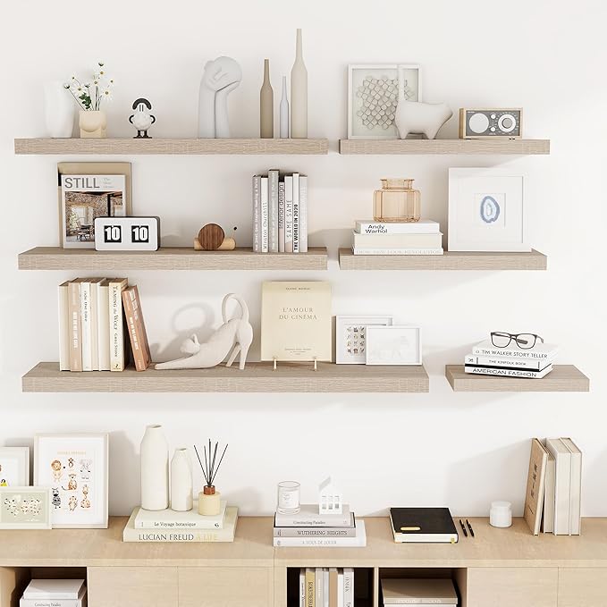 36 Inch Floating Shelves, 3D Textured Wood Grain, 36"x9.25"x1.5" Inch Deep Floating Shelves for Wall, Wooden Shelves for Bathroom, Bedroom, Living Room, Vintage White Oak-CasaMuseHome