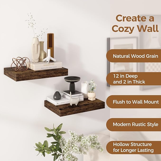 12 Inch Deep Floating Shelves, 16 x 12 Floating Shelf for Books, Rustic Wood Deep Wall Shelves for Home Storage & Display, 2" Thicked Shelves for Kitchen, Living Room, Bedroom, Rustic Brown, 2 Pack-CasaMuseHome