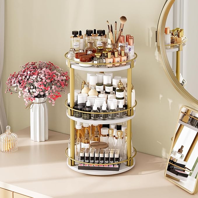 3-Tier Lazy Susan, Rotating Spice Rack, Spinning Organizer, Industrial Turntable Spice Rack for Cabinet, Kitchen Countertop, Pantry, White and Gold SR23DW-CasaMuseHome