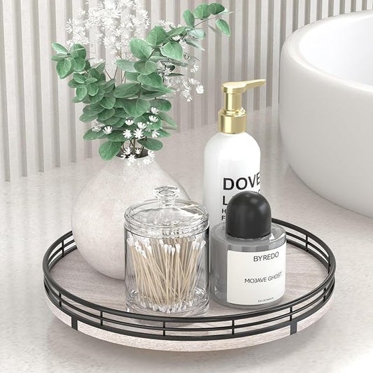 10" Oak Bathroom Vanity Tray Turntable for Perfume Candle, Round Wooden Decorative Tray for Kitchen Sink Countertop Organizer, Bathroom Counter Organizer for Skincare Makeup, Rustic White-CasaMuseHome