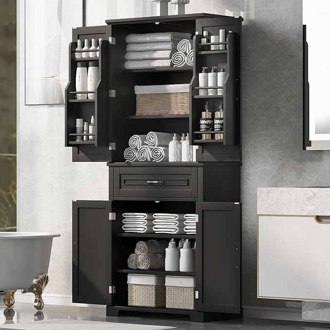 72.2" Tall Storage Cabinet with 4 Doors and Drawer, Freestanding Linen Cabinet, Wooden Pantry with Adjustable Shelf for Kitchen, Bathroom, Living Room Black-CasaMuseHome