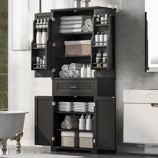 72.2" Tall Storage Cabinet with 4 Doors and Drawer, Freestanding Linen Cabinet, Wooden Pantry with Adjustable Shelf for Kitchen, Bathroom, Living Room Black-CasaMuseHome