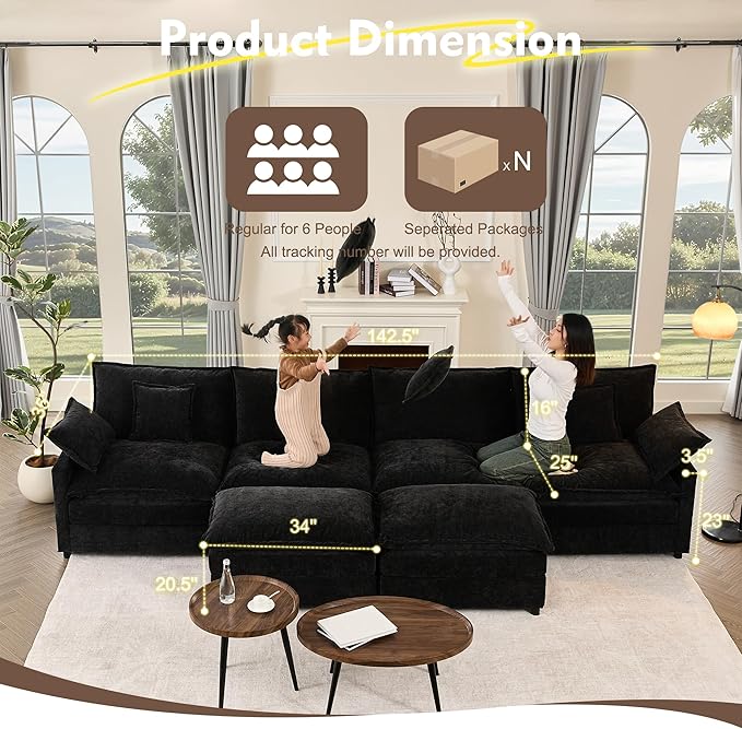 142.5" U Shaped Couch, Modular Sectional Sofa, 3-Seater Comfy Cloud Couch with Movable Ottoman, Deep Seat Couches for Living Room, Chenille, Black-CasaMuseHome