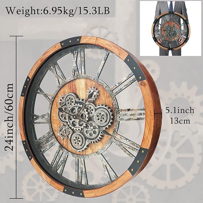 24 Inch Moving Gear Wall Clock, Oversized Wall Clocks, Clock Living Room Decor, Solid Wood Frame, Battery Operated, Large Wall Clock with Steampunk Industrial for Fireplace(Brown)-CasaMuseHome
