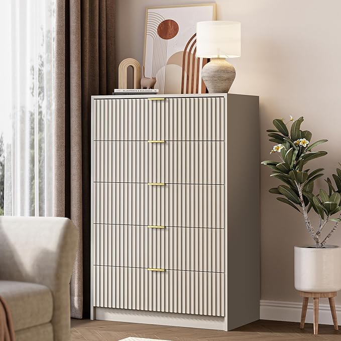 5 Drawer Dresser for Bedroom, Tall Dresser Chest of Drawers with Gold Handles, 32 Inch Wide Nightstand with for Bedroom, Living Rooms, Offices, and Entryways, Beige-CasaMuseHome