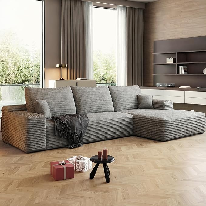 108" Sectional Couches for Living Room Modern Modular Sofa with L-Shape Couchs Upholstered Boneless Couch Deep Seat Sectional Couch with Chaise (Grey, Right Facing Chaise+2Seaters)-CasaMuseHome