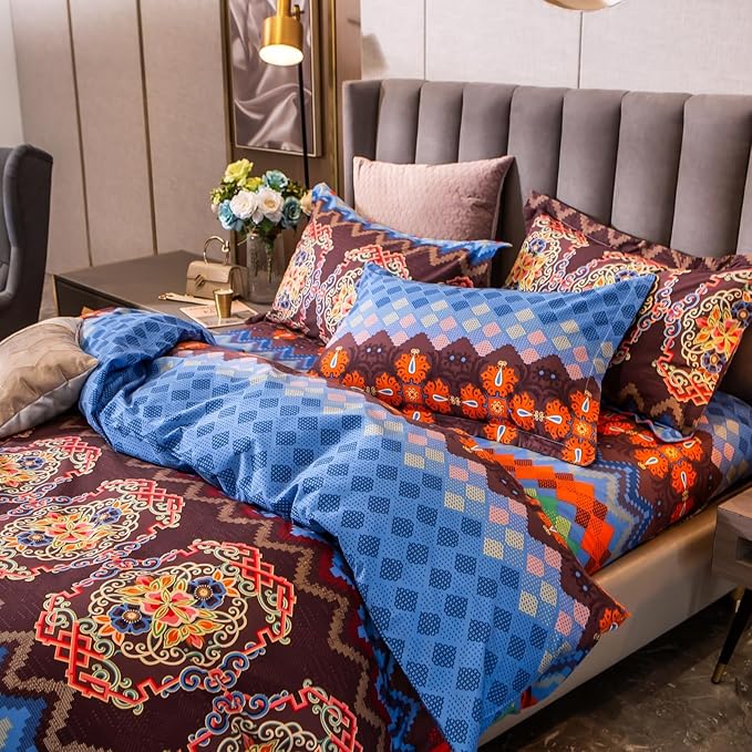 ABREEZE Bohemian Duvet Cover Set Colorful Brown Boho Retro Bedding Set Damask Paisley Cotton Duvet Cover Tribal Reversible Bedding Exotic Style Comforter Cover 3-Piece Queen-CasaMuseHome